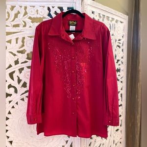 Red Sequin Embellished Bob Mackie Western Style Button Up Blouse= Size 1X / XL